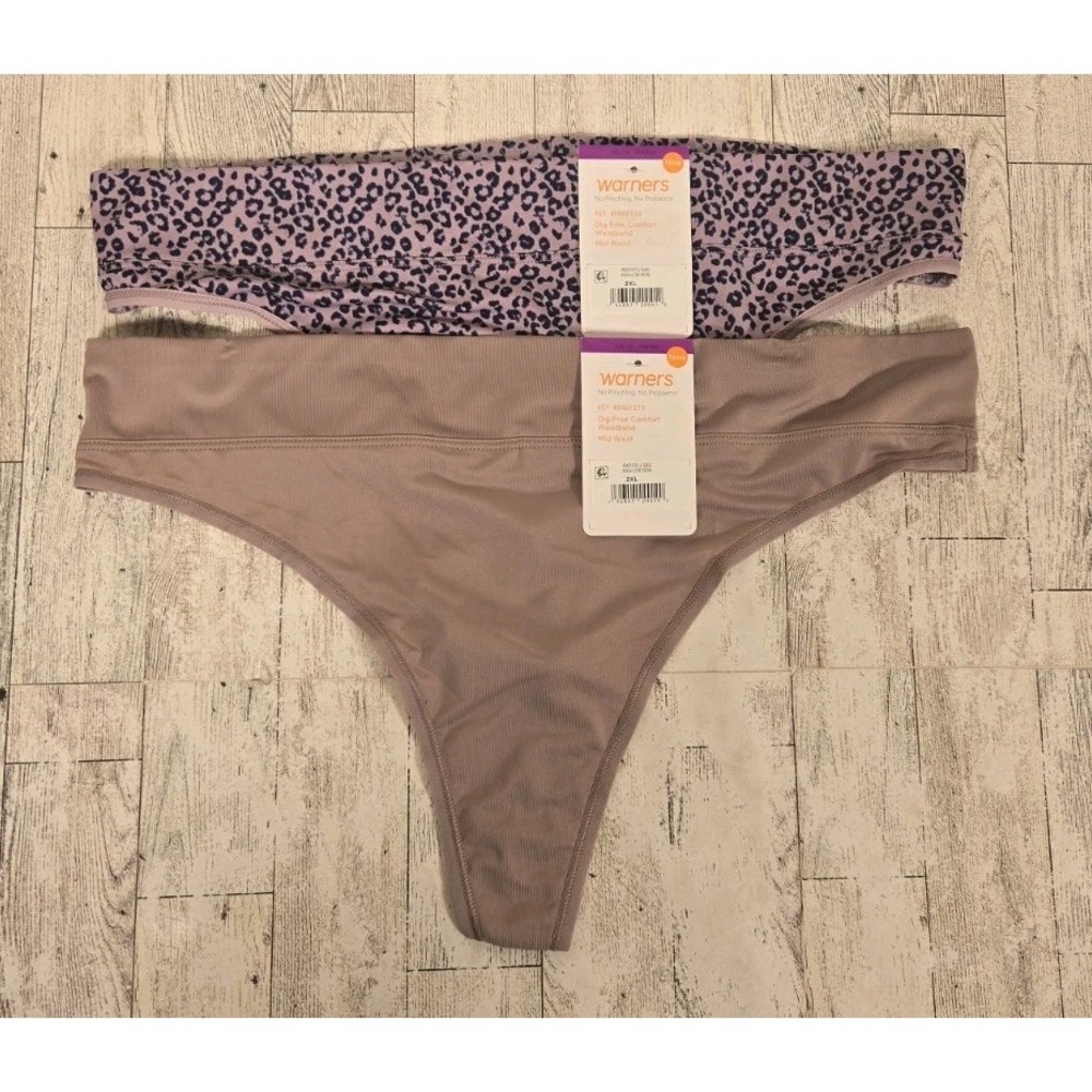 Warners Thong 2XL 9  Dig Free Waist Mid Waist Taupe & Purple Leopard Lot of 2